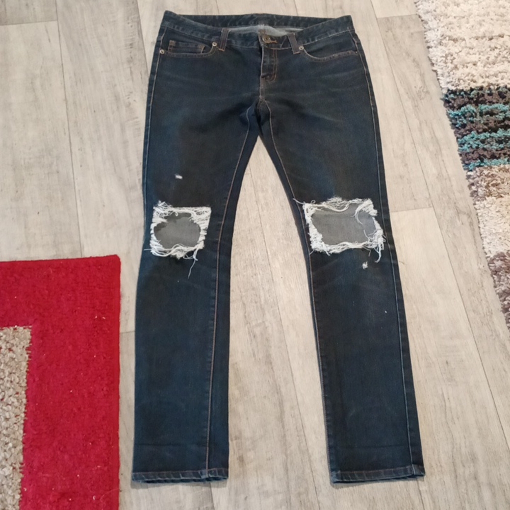 Womens Jeans Sz 29 Holes 1980 distressed Ripped LOWRISE straight skinny b43